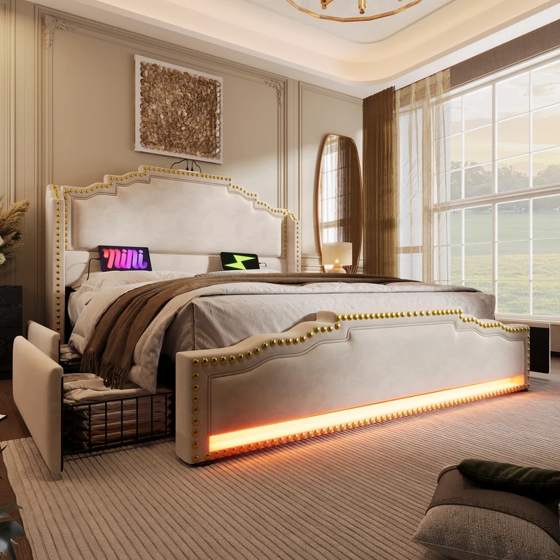 Lit king beige rembourré captionné royal avec éclairage LED et 4 tiroirs 160*200cm STOCZUTS KING BEIGE