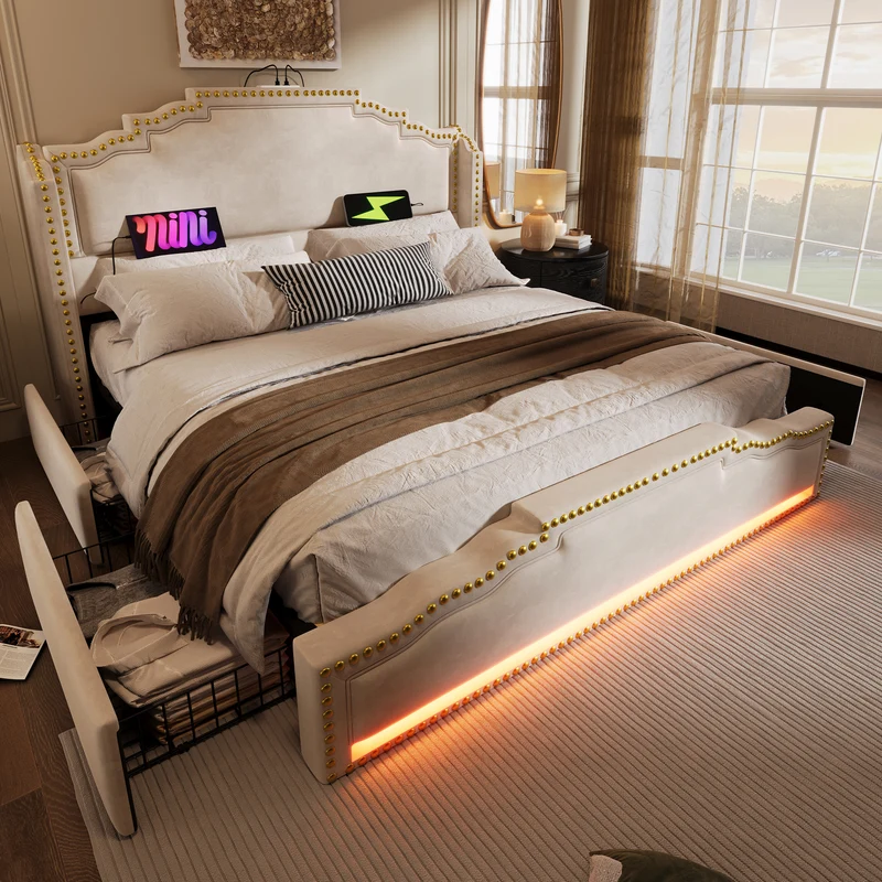Lit king beige rembourré captionné royal avec éclairage LED et 4 tiroirs 160*200cm STOCZUTS KING BEIGE