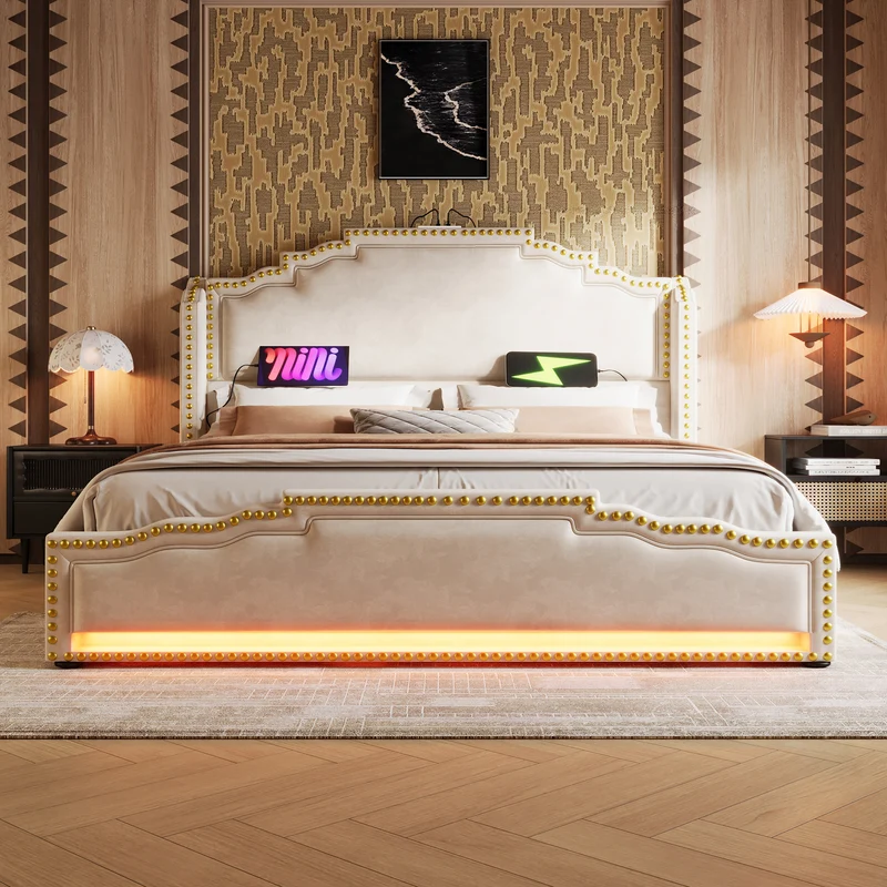 Lit king beige rembourré captionné royal avec éclairage LED et 4 tiroirs 160*200cm STOCZUTS KING BEIGE
