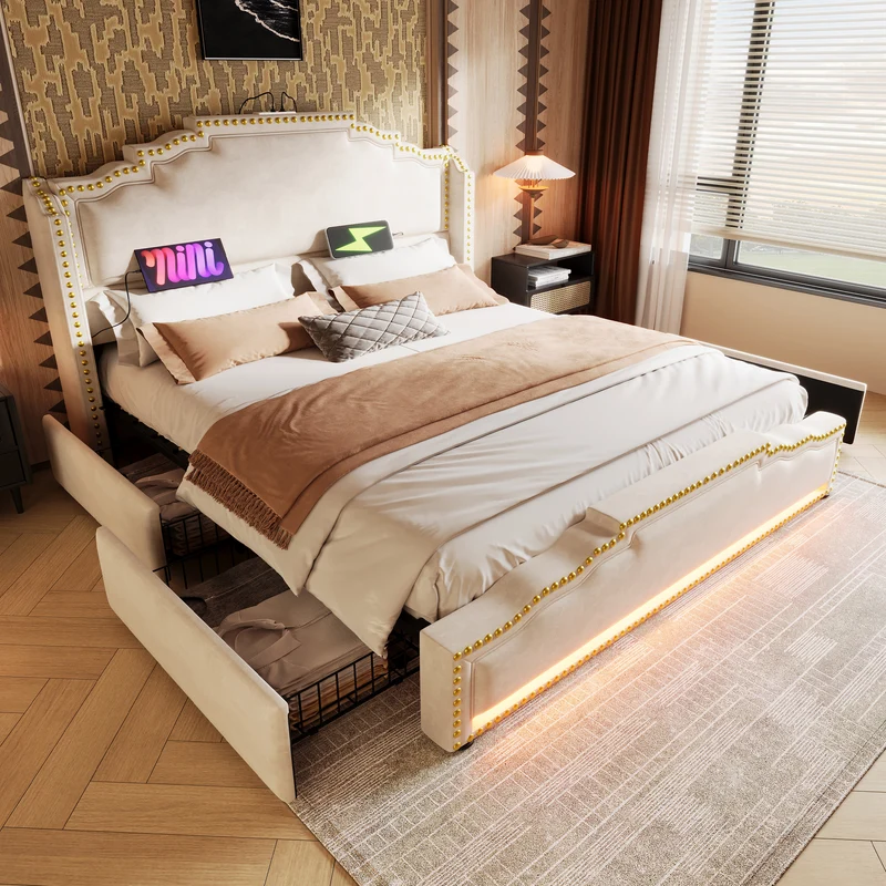 Lit king beige rembourré captionné royal avec éclairage LED et 4 tiroirs 160*200cm STOCZUTS KING BEIGE