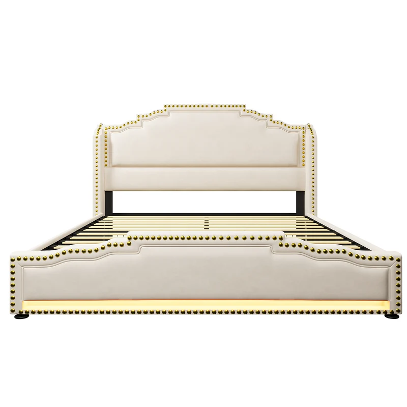Lit king beige rembourré captionné royal avec éclairage LED et 4 tiroirs 160*200cm STOCZUTS KING BEIGE