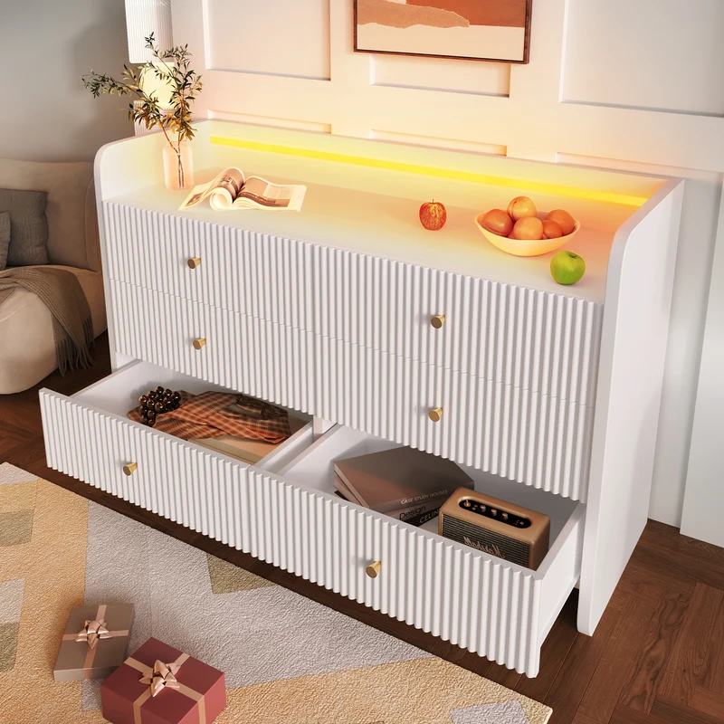Commode blanc motif cannelé 6 tiroirs avec éclairage LED poignées dorées TRAGVAX