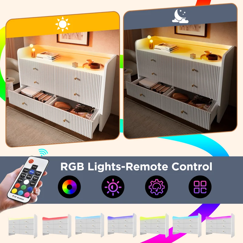 Commode blanc motif cannelé 6 tiroirs avec éclairage LED poignées dorées TRAGVAX