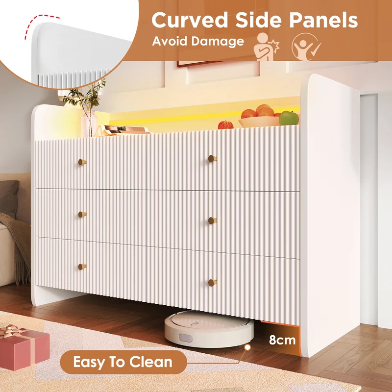 Commode blanc motif cannelé 6 tiroirs avec éclairage LED poignées dorées TRAGVAX
