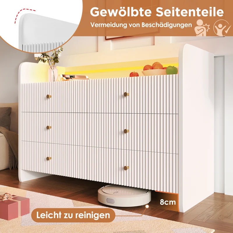 Commode blanc motif cannelé 6 tiroirs avec éclairage LED poignées dorées TRAGVAX