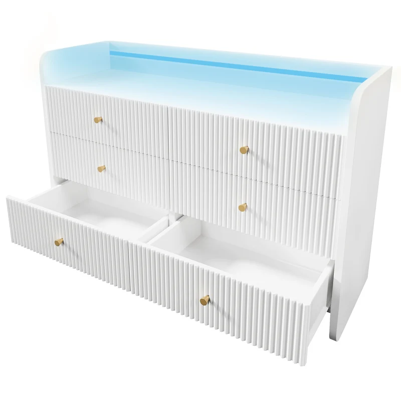 Commode blanc motif cannelé 6 tiroirs avec éclairage LED poignées dorées TRAGVAX