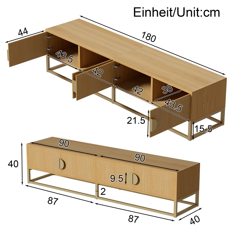 Meuble TV 180 cm avec veinure de bois – meuble de salle à manger moderne, 4 portes, poignées semi-circulaires SCAUNAID