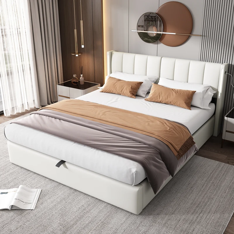 Lit coffre double PU blanc avec éclairage LED, USB et tête de lit réglable (140x200 cm) UDET WHITE DOUBLE