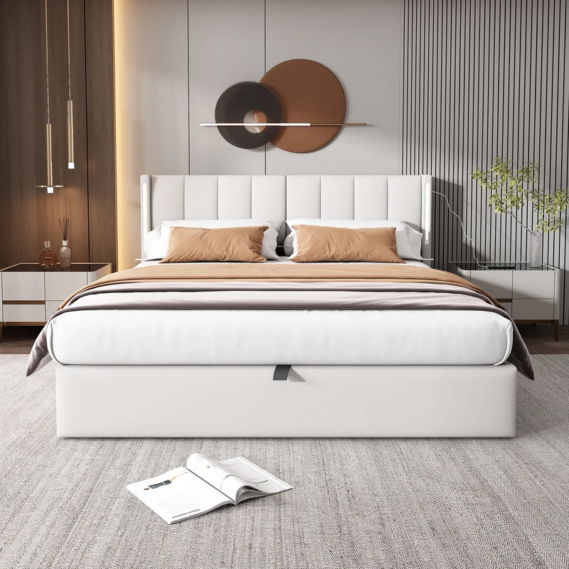 Lit coffre double PU blanc avec éclairage LED, USB et tête de lit réglable (140x200 cm) UDET WHITE DOUBLE