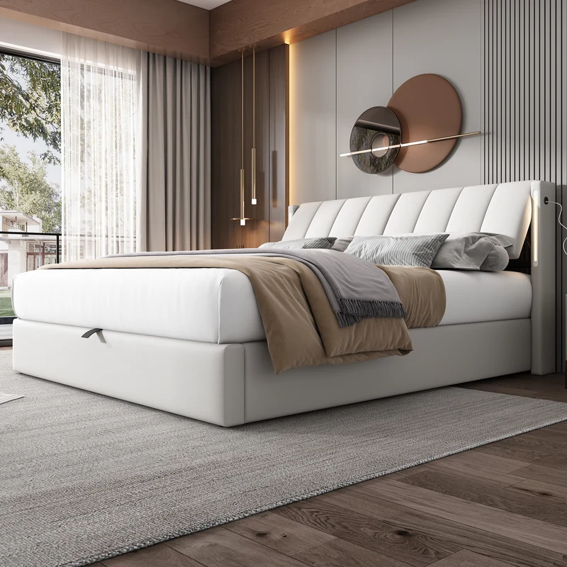 Lit coffre double PU blanc avec éclairage LED, USB et tête de lit réglable (140x200 cm) UDET WHITE DOUBLE