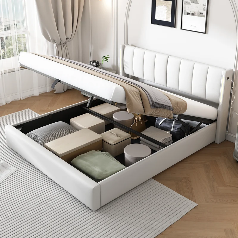 Lit coffre double PU blanc avec éclairage LED, USB et tête de lit réglable (140x200 cm) UDET WHITE DOUBLE
