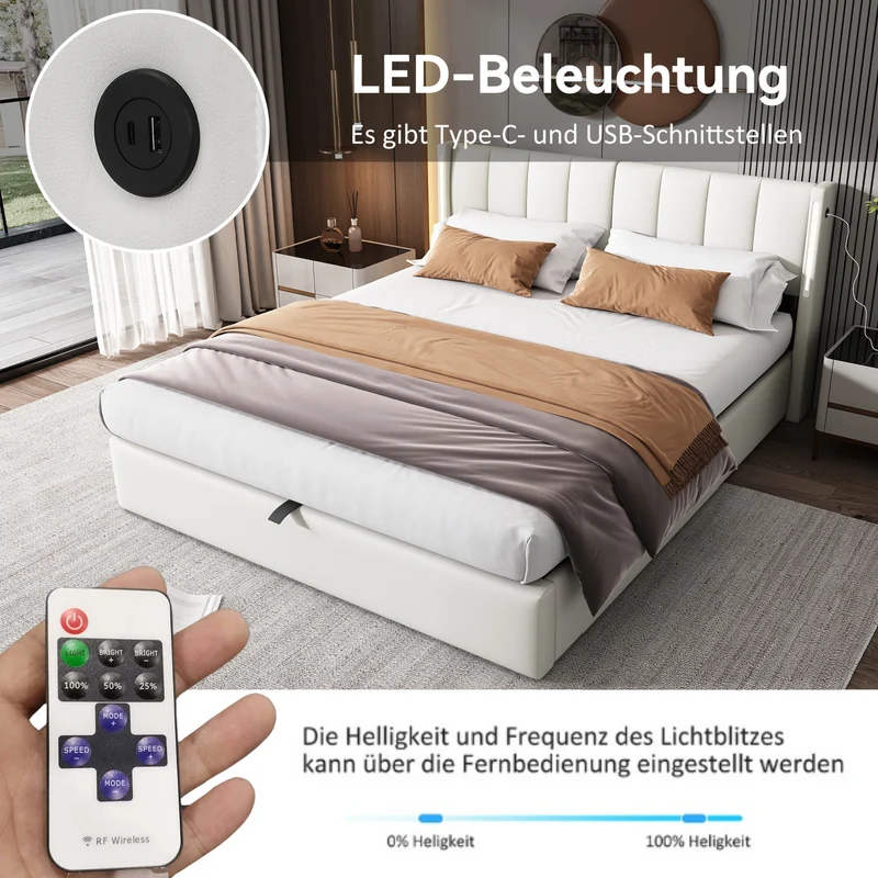 Lit coffre double PU blanc avec éclairage LED, USB et tête de lit réglable (140x200 cm) UDET WHITE DOUBLE