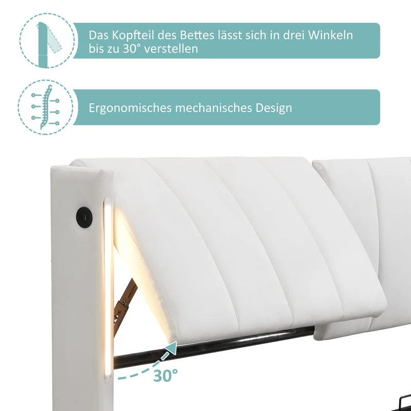 Lit coffre double PU blanc avec éclairage LED, USB et tête de lit réglable (140x200 cm) UDET WHITE DOUBLE