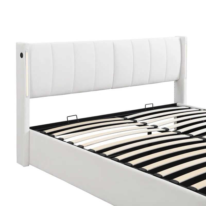Lit coffre double PU blanc avec éclairage LED, USB et tête de lit réglable (140x200 cm) UDET WHITE DOUBLE