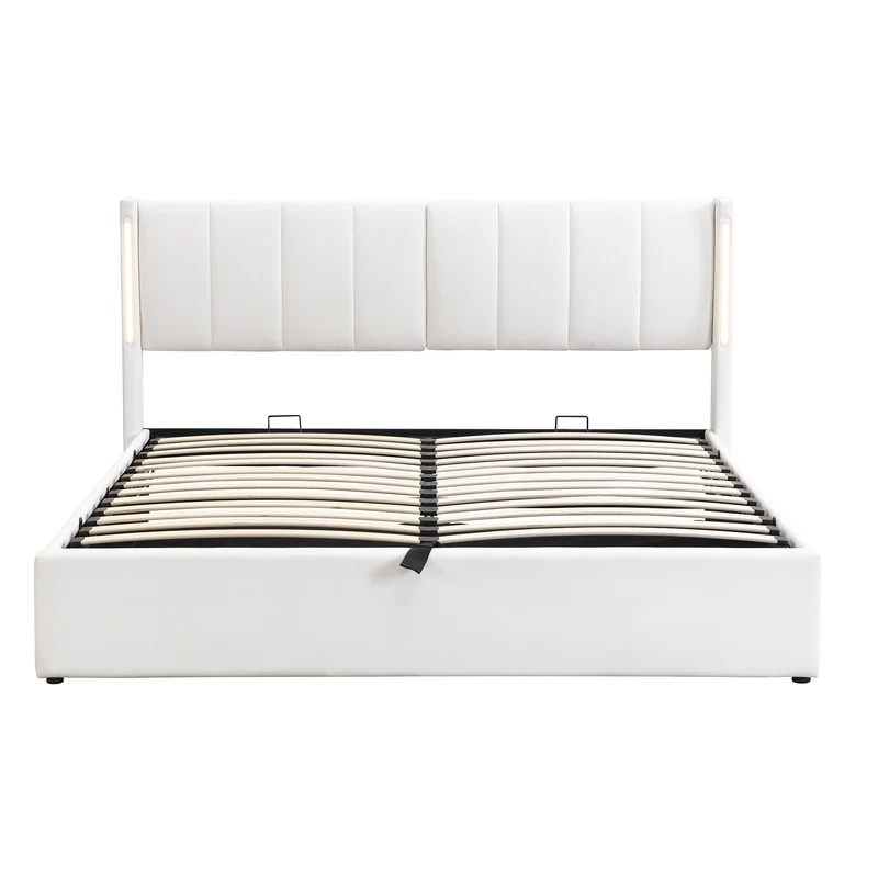 Lit coffre double PU blanc avec éclairage LED, USB et tête de lit réglable (140x200 cm) UDET WHITE DOUBLE