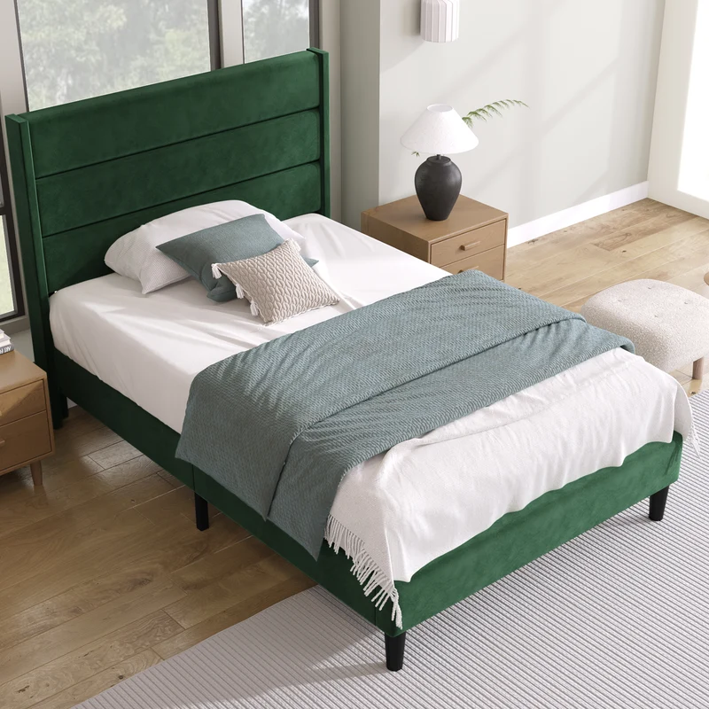 Cadre de lit simple rembourrés velours vert foncé (90*200cm) TAXOL