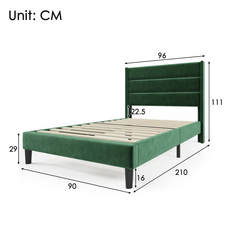 Cadre de lit simple rembourrés velours vert foncé (90*200cm) TAXOL