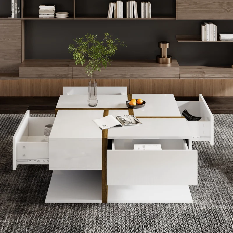 Table basse carrée blanche brillante avec 4 tiroirs et design géométrique 78*78*34,8 cm THURLUNS