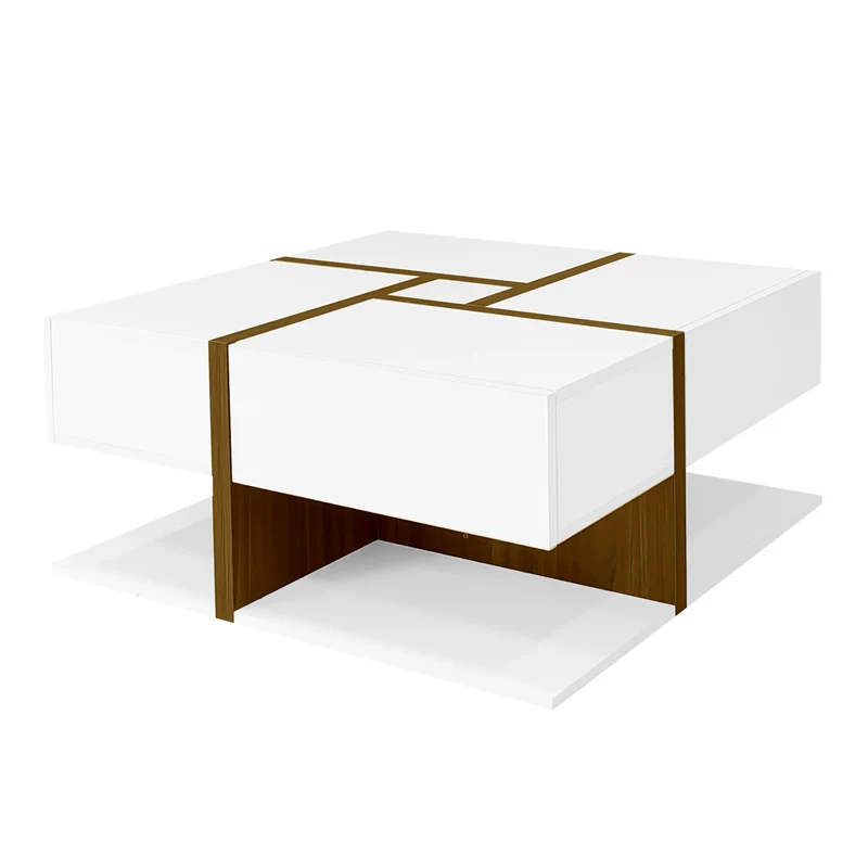 Table basse carrée blanche brillante avec 4 tiroirs et design géométrique 78*78*34,8 cm THURLUNS