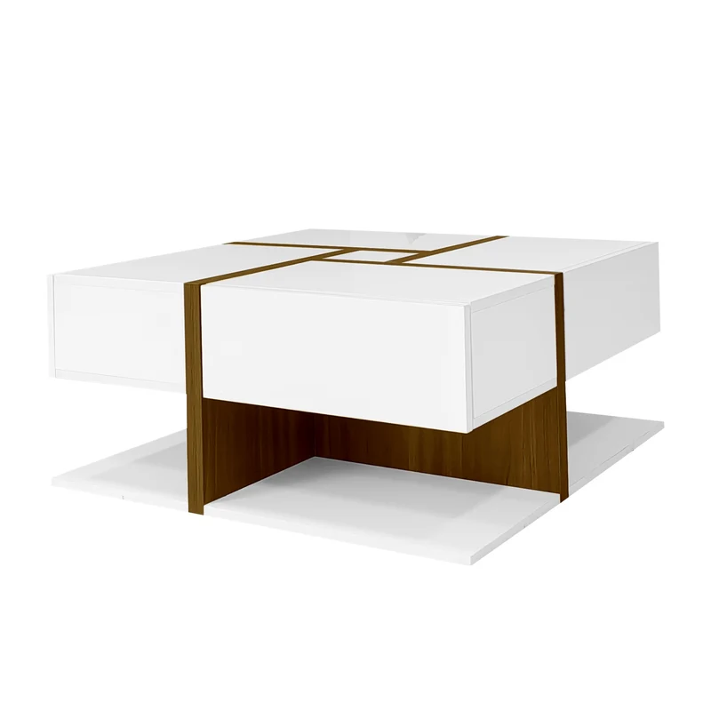 Table basse carrée blanche brillante avec 4 tiroirs et design géométrique 78*78*34,8 cm THURLUNS