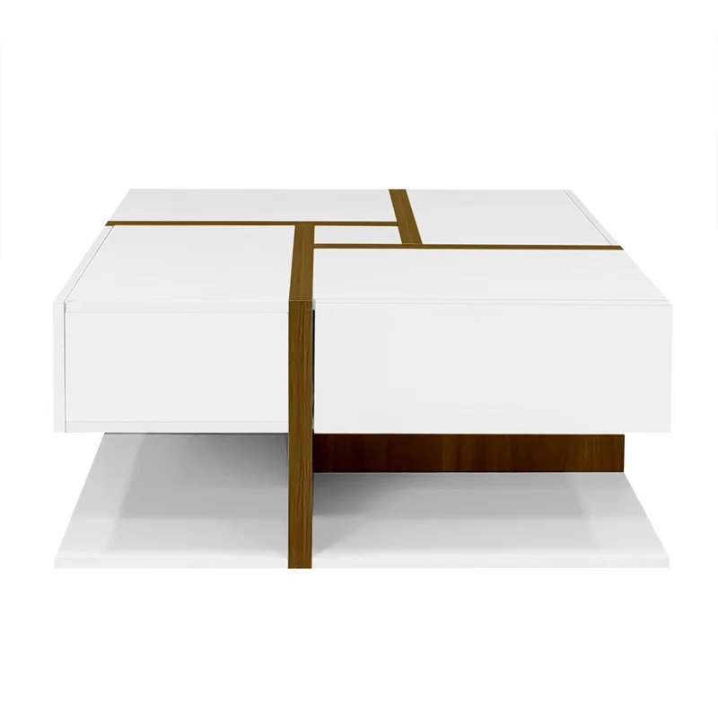 Table basse carrée blanche brillante avec 4 tiroirs et design géométrique 78*78*34,8 cm THURLUNS