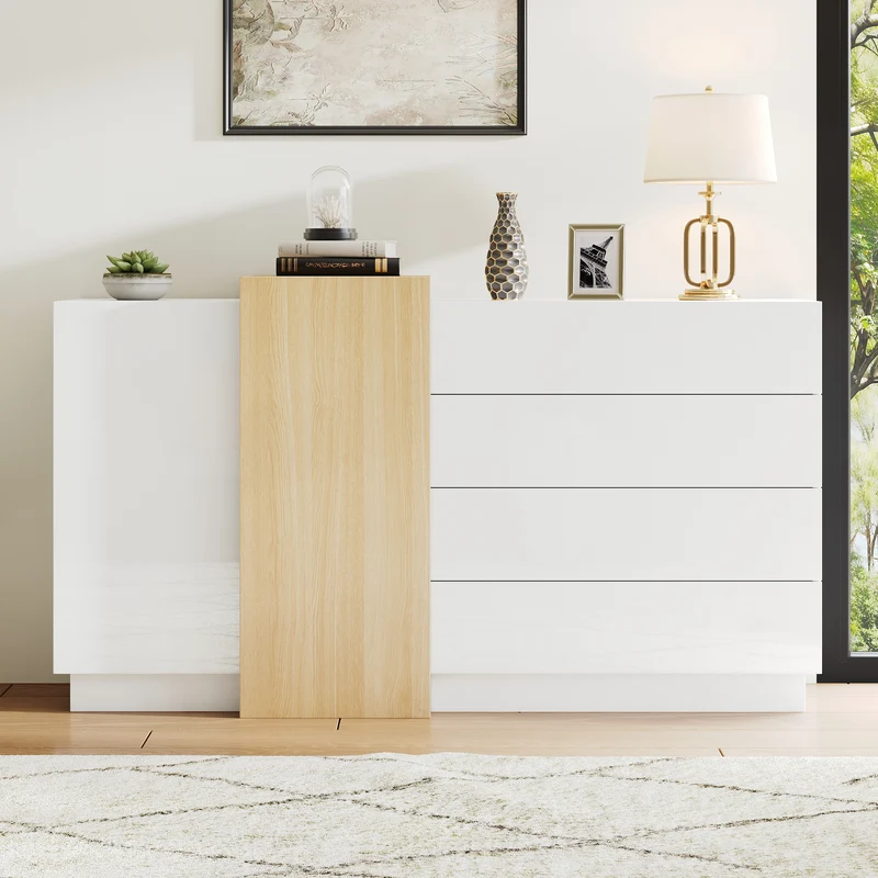Buffet blanc brillant effet bois 4 tiroirs et 2 portes 140*35*81cm GREXEDS