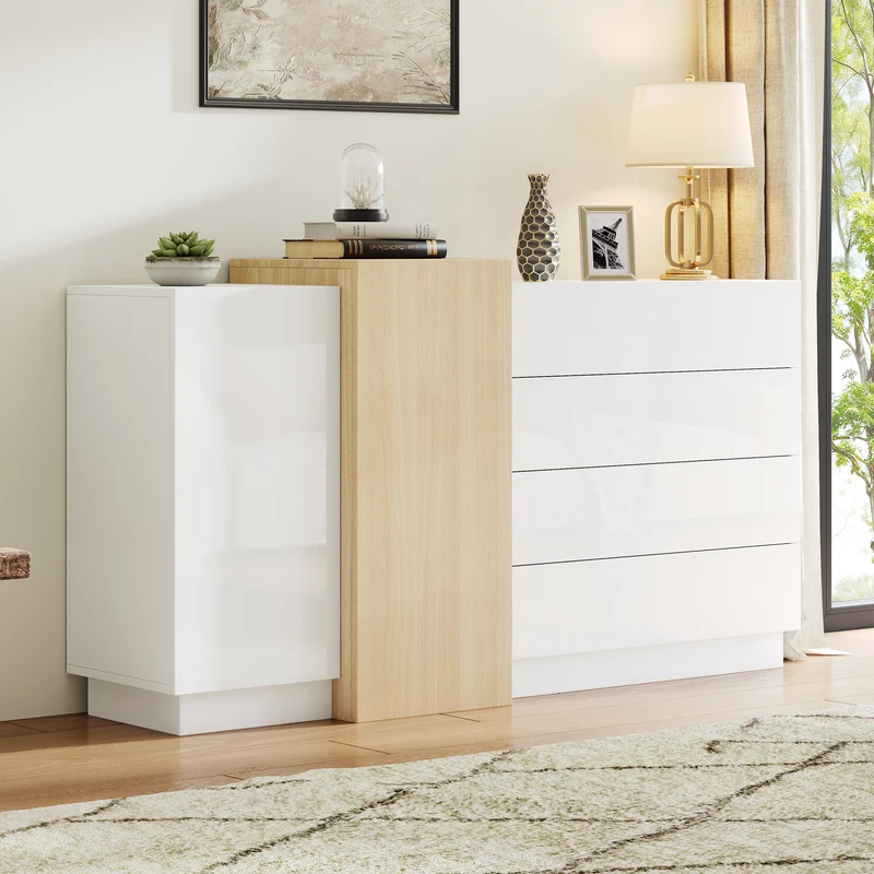 Buffet blanc brillant effet bois 4 tiroirs et 2 portes 140*35*81cm GREXEDS