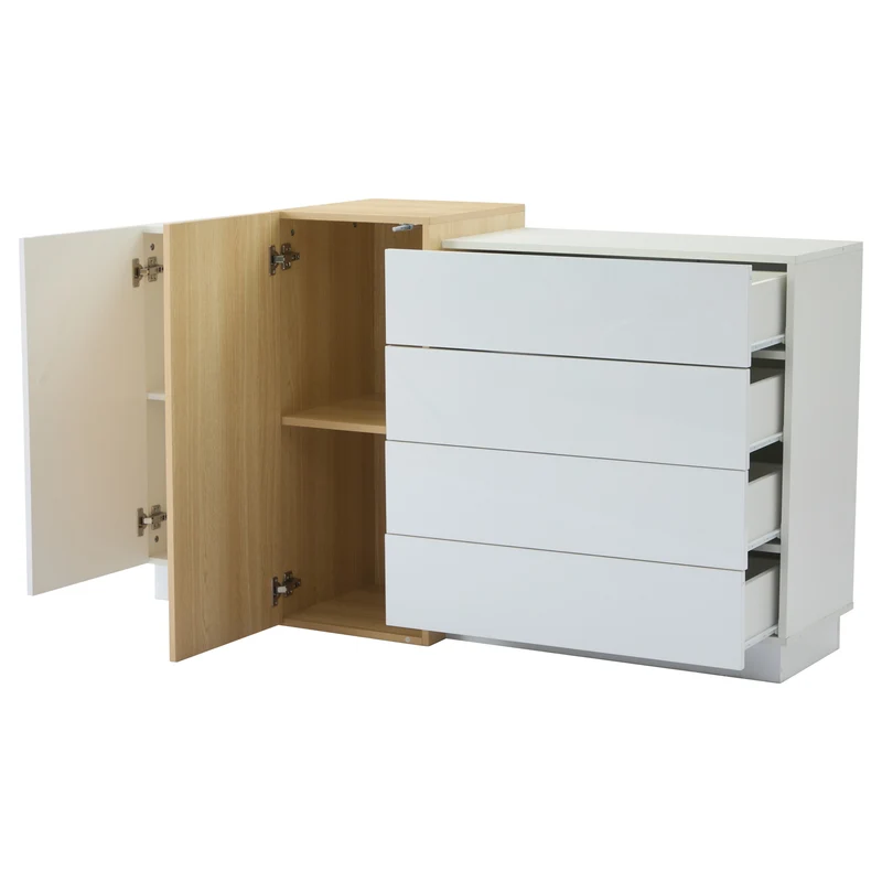 Buffet blanc brillant effet bois 4 tiroirs et 2 portes 140*35*81cm GREXEDS