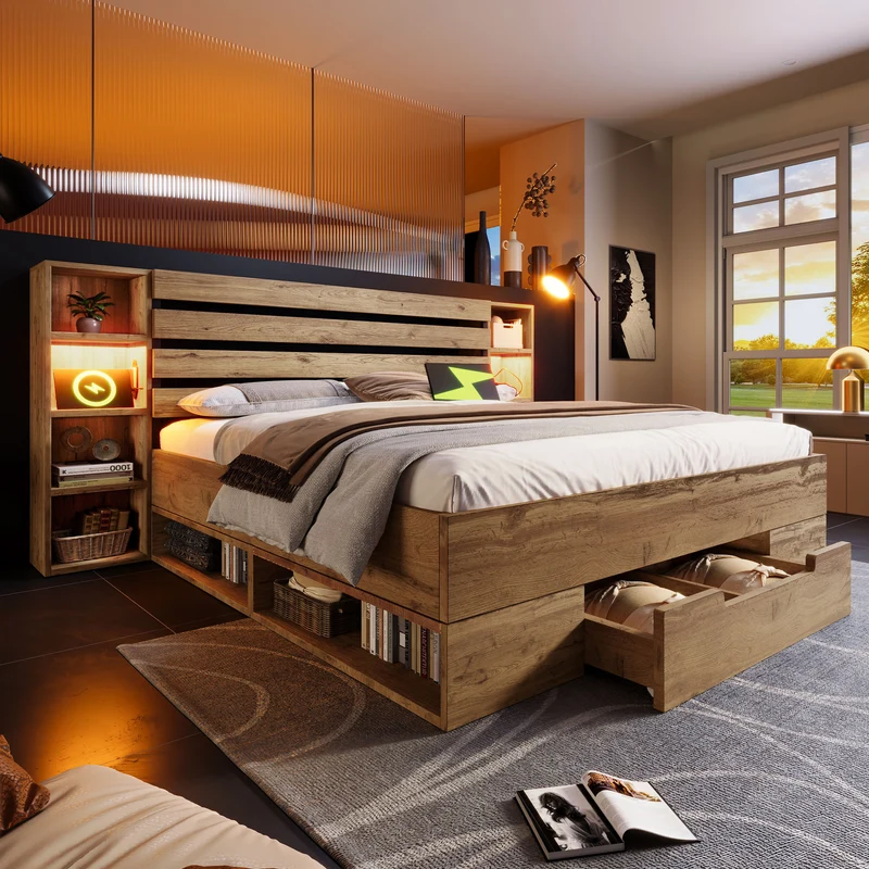 Lit coffre double avec éclairage LED étagères et tiroirs rangement prise USB C 180×200cm (sans matelas) IESSAES KING