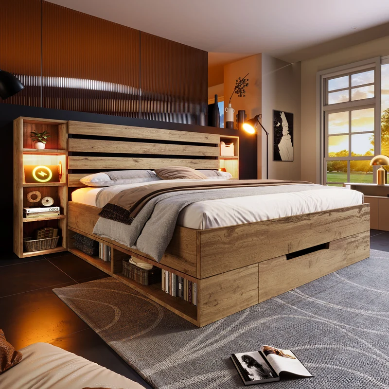 Lit coffre double avec éclairage LED étagères et tiroirs rangement prise USB C 180×200cm (sans matelas) IESSAES KING