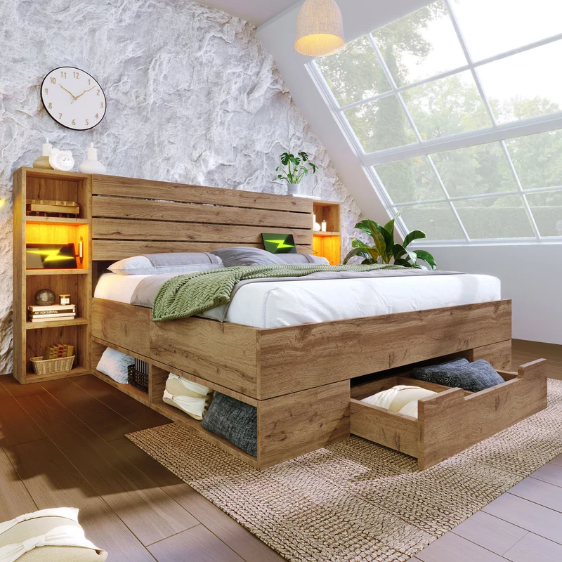 Lit coffre double avec éclairage LED étagères et tiroirs rangement prise USB C 180×200cm (sans matelas) IESSAES KING