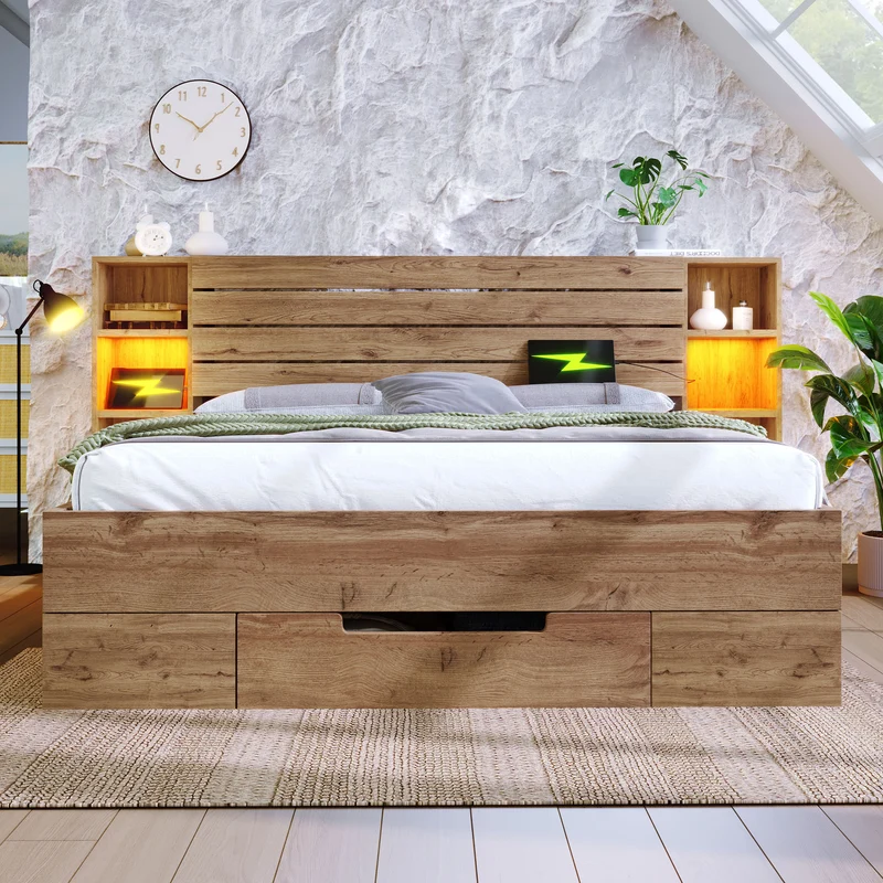 Lit coffre double avec éclairage LED étagères et tiroirs rangement prise USB C 180×200cm (sans matelas) IESSAES KING