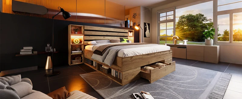 Lit coffre double avec éclairage LED étagères et tiroirs rangement prise USB C 180×200cm (sans matelas) IESSAES KING