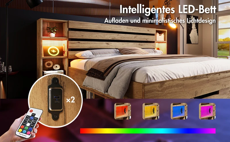 Lit coffre double avec éclairage LED étagères et tiroirs rangement prise USB C 180×200cm (sans matelas) IESSAES KING