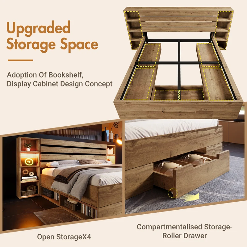 Lit coffre double avec éclairage LED étagères et tiroirs rangement prise USB C 180×200cm (sans matelas) IESSAES KING
