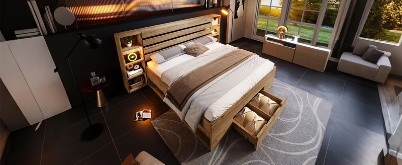 Lit coffre double avec éclairage LED étagères et tiroirs rangement prise USB C 180×200cm (sans matelas) IESSAES KING
