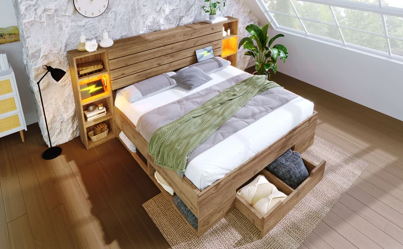 Lit coffre double avec éclairage LED étagères et tiroirs rangement prise USB C 180×200cm (sans matelas) IESSAES KING