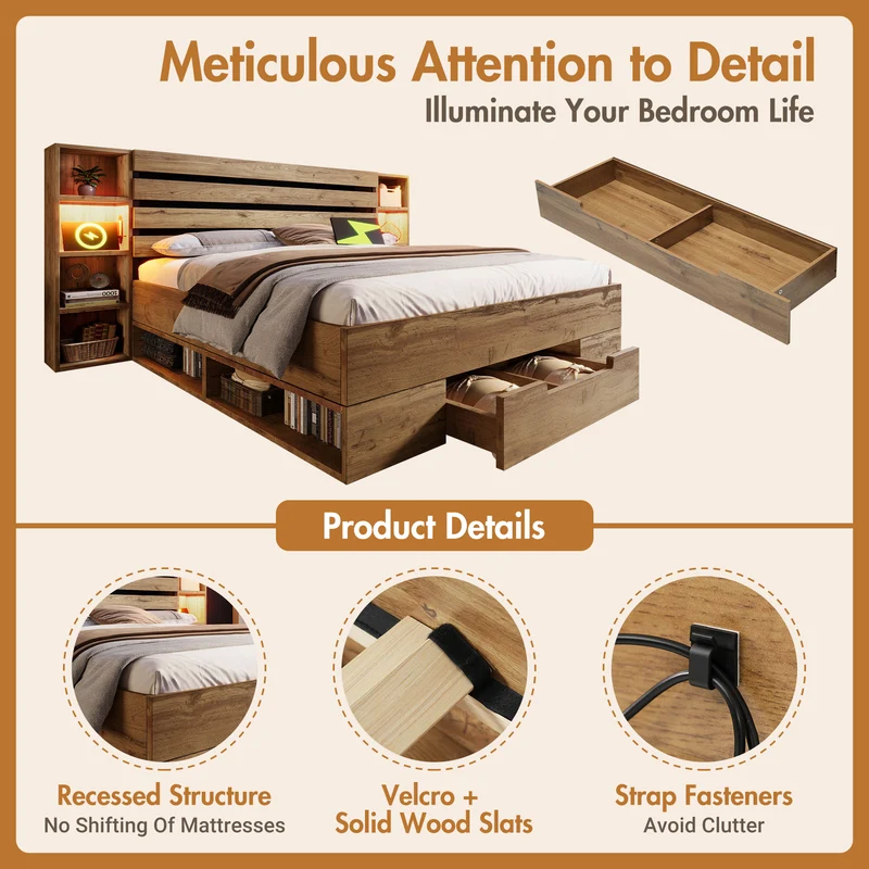Lit coffre double avec éclairage LED étagères et tiroirs rangement prise USB C 180×200cm (sans matelas) IESSAES KING