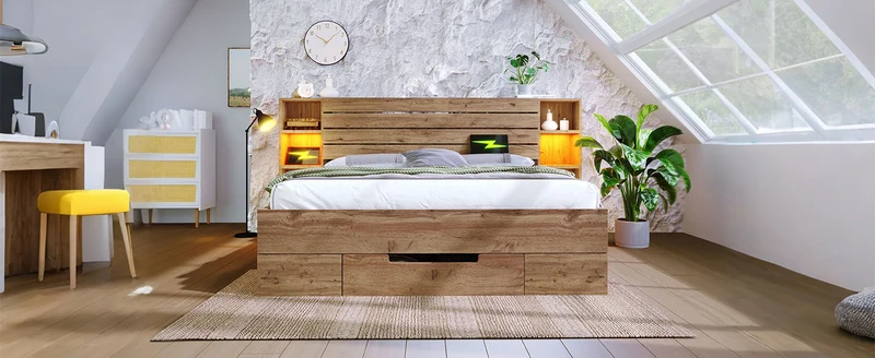 Lit coffre double avec éclairage LED étagères et tiroirs rangement prise USB C 180×200cm (sans matelas) IESSAES KING