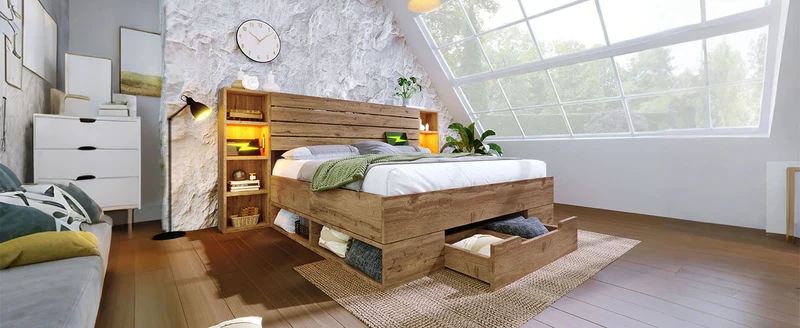 Lit coffre double avec éclairage LED étagères et tiroirs rangement prise USB C 180×200cm (sans matelas) IESSAES KING