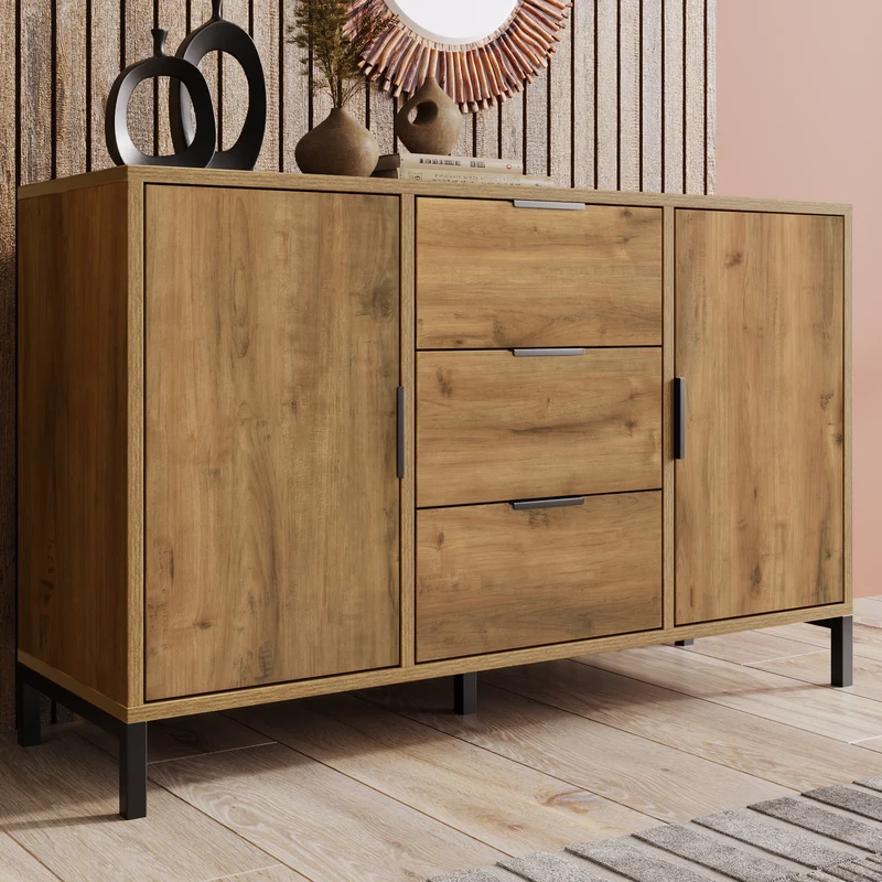 Buffet effet bois chêne foncé style industriel 2 portes 3 tiroirs 120x40x76cm OMNAERS