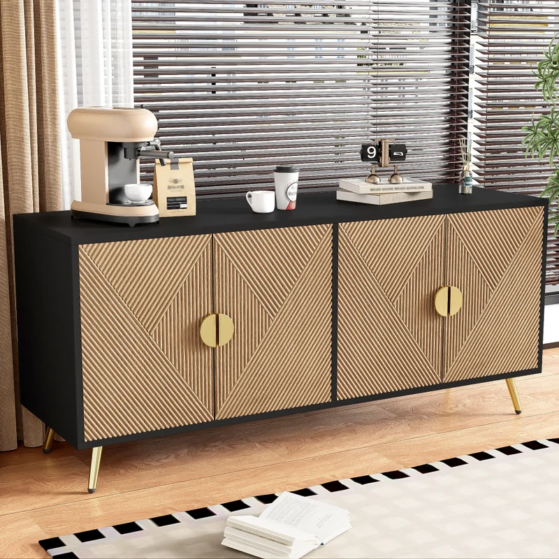 Buffet élégant effet bois brossées et noir 4 portes poignées et pieds dorées 160*40*75 cm VIMIDS