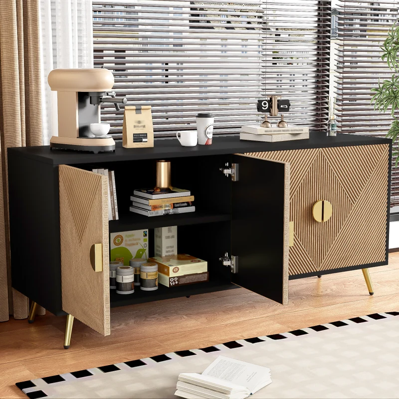 Buffet élégant effet bois brossées et noir 4 portes poignées et pieds dorées 160*40*75 cm VIMIDS