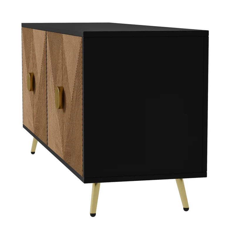 Buffet élégant effet bois brossées et noir 4 portes poignées et pieds dorées 160*40*75 cm VIMIDS