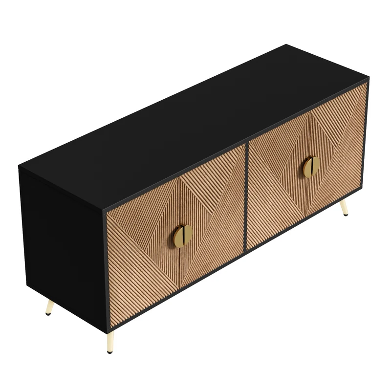 Buffet élégant effet bois brossées et noir 4 portes poignées et pieds dorées 160*40*75 cm VIMIDS