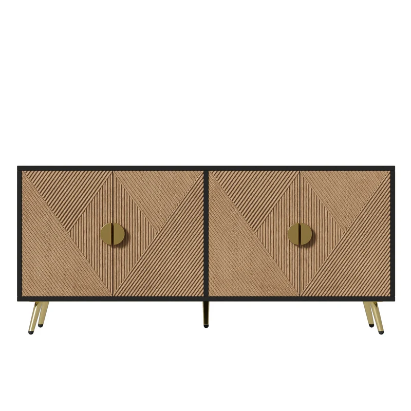 Buffet élégant effet bois brossées et noir 4 portes poignées et pieds dorées 160*40*75 cm VIMIDS
