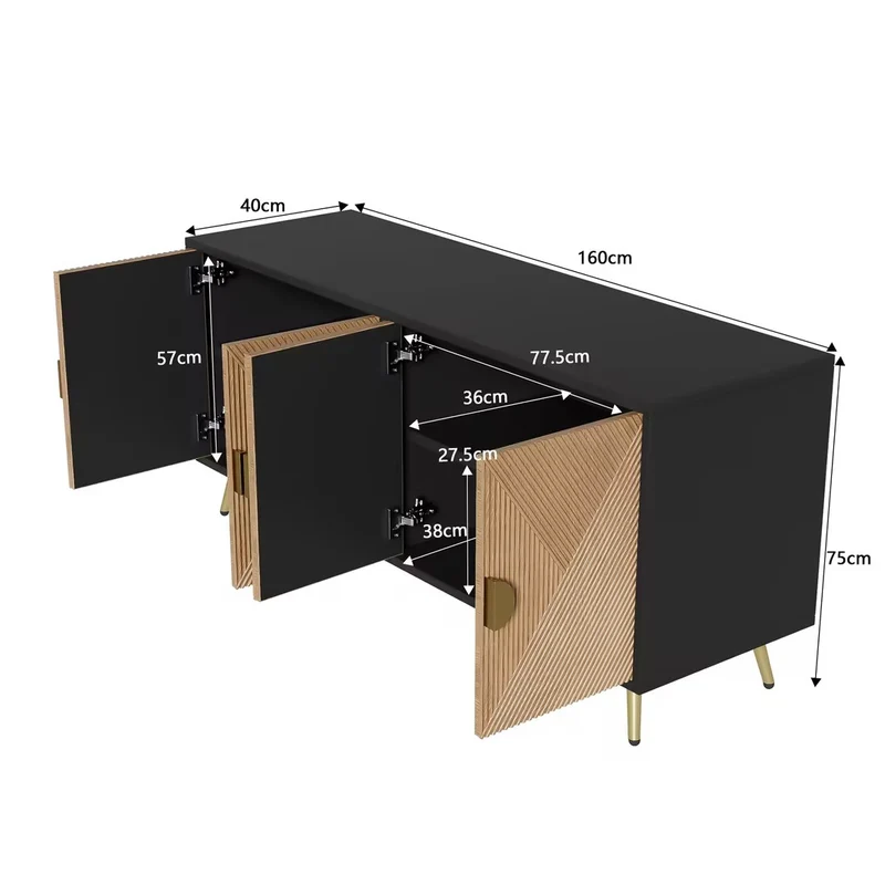 Buffet élégant effet bois brossées et noir 4 portes poignées et pieds dorées 160*40*75 cm VIMIDS