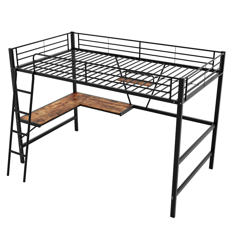 Lit mezzanine lit simple métallique noir avec bureau en L et étagère 90x200cm STOGZODS