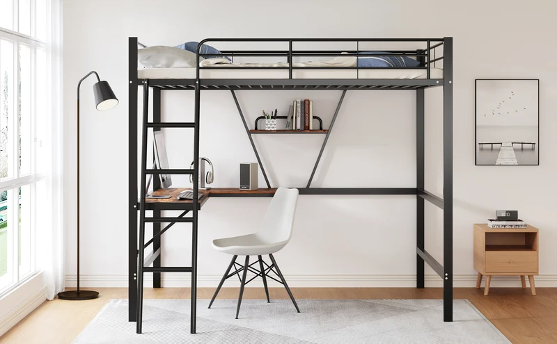 Lit mezzanine lit simple métallique noir avec bureau en L et étagère 90x200cm STOGZODS