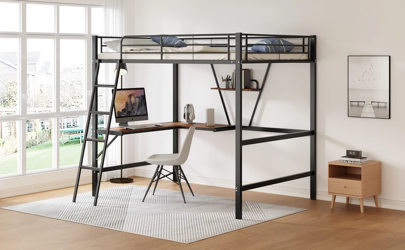 Lit mezzanine lit simple métallique noir avec bureau en L et étagère 90x200cm STOGZODS